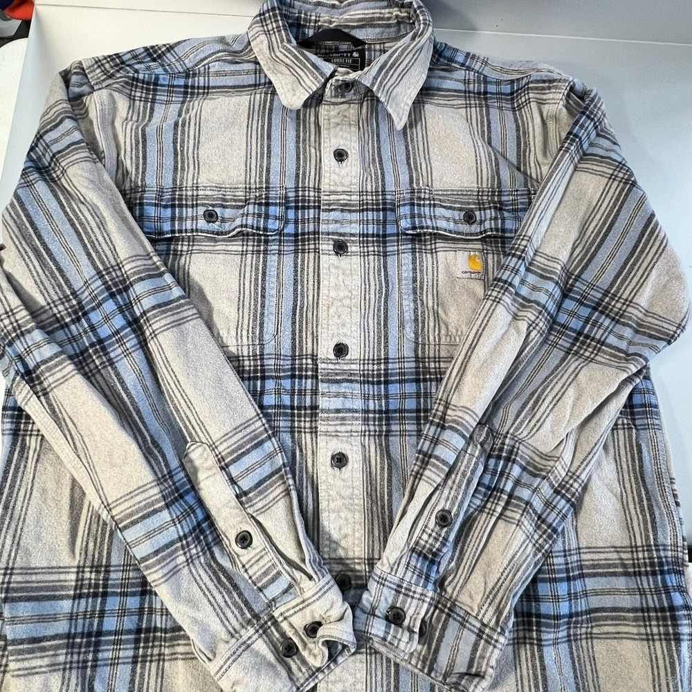 Carhartt Mens Loose Fit Plaid Flannel Shirt Grey Blue Size Medium work top